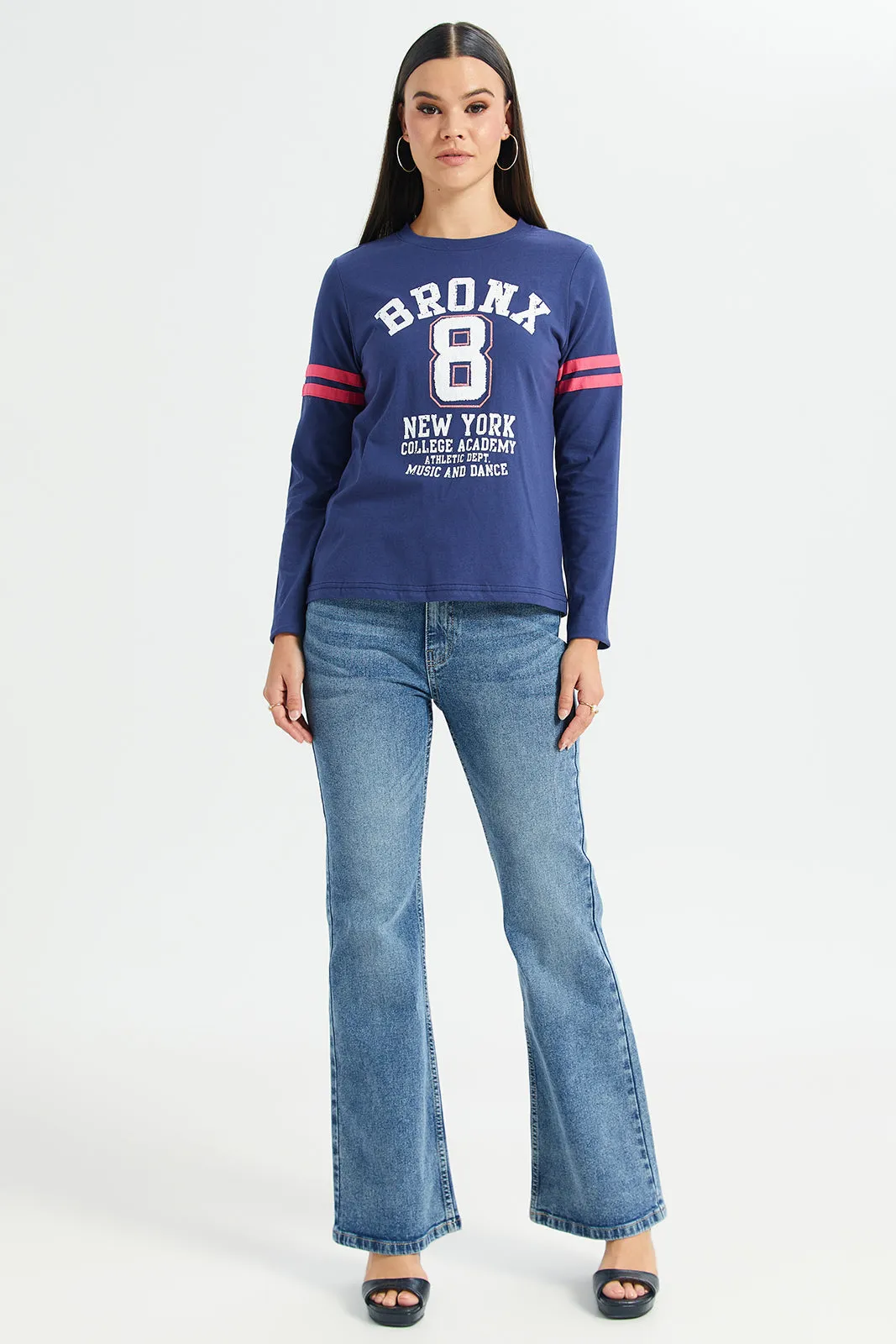 Women Navy Printed Long Sleeves T-Shirt