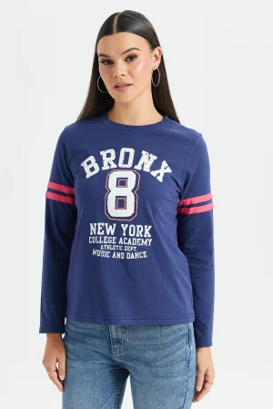 Women Navy Printed Long Sleeves T-Shirt