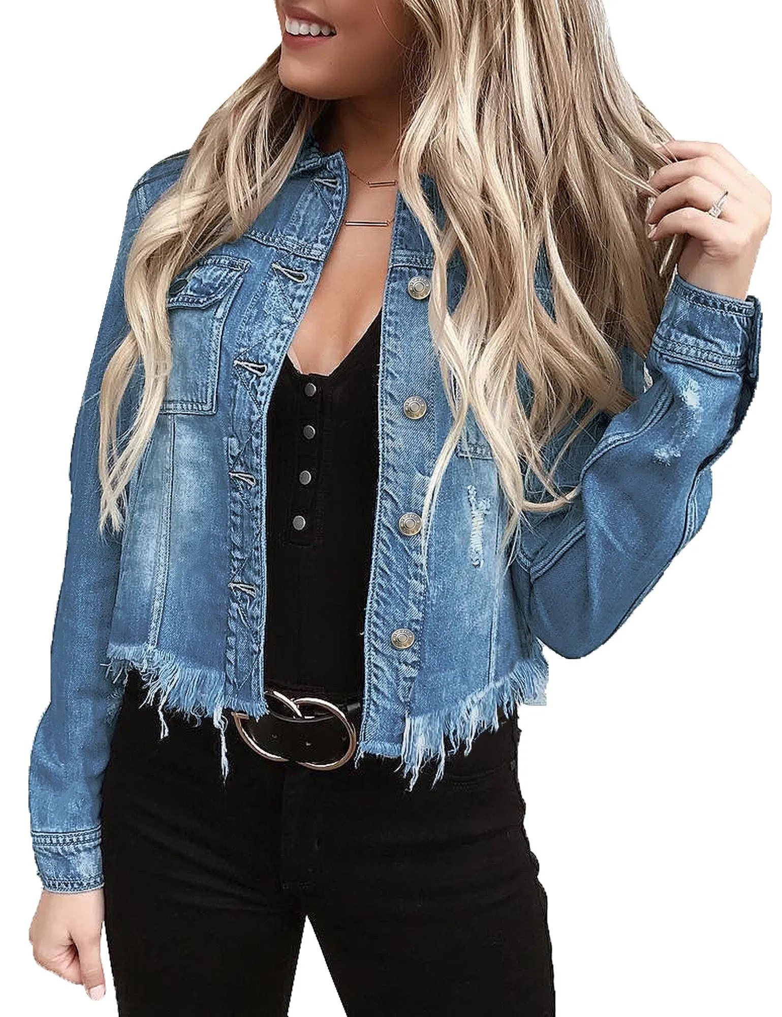 Women's Basic Long Sleeves Button Down Fitted Denim Jean Jackets